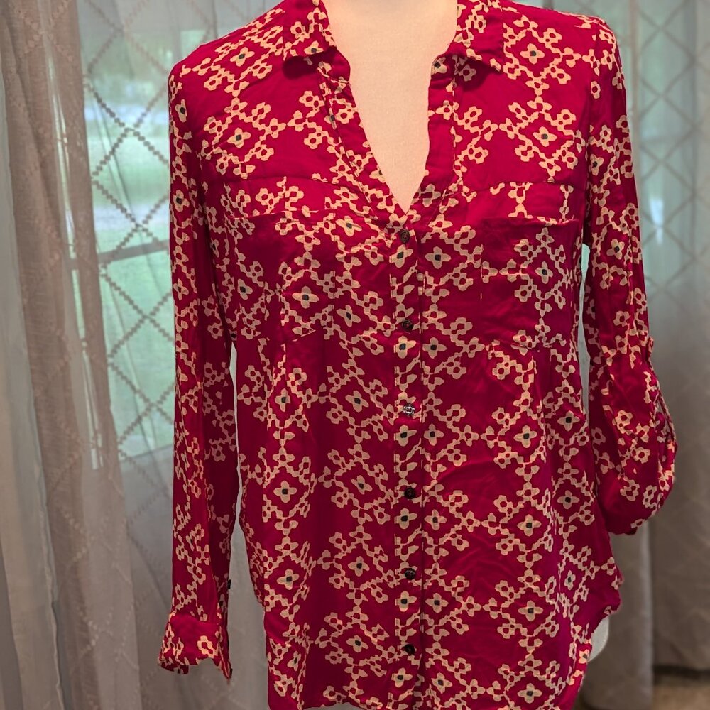 Maeve‎ Button Down Blouse Womens 6 Fuschia Pleated Roll Tab Sleeve